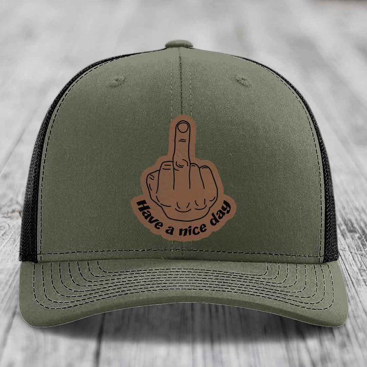 Middle Finger (Have A Nice Day) - Leather Patch Hat - Dark Brown to Black Patch - Richardson 112 Snapback Trucker Hat