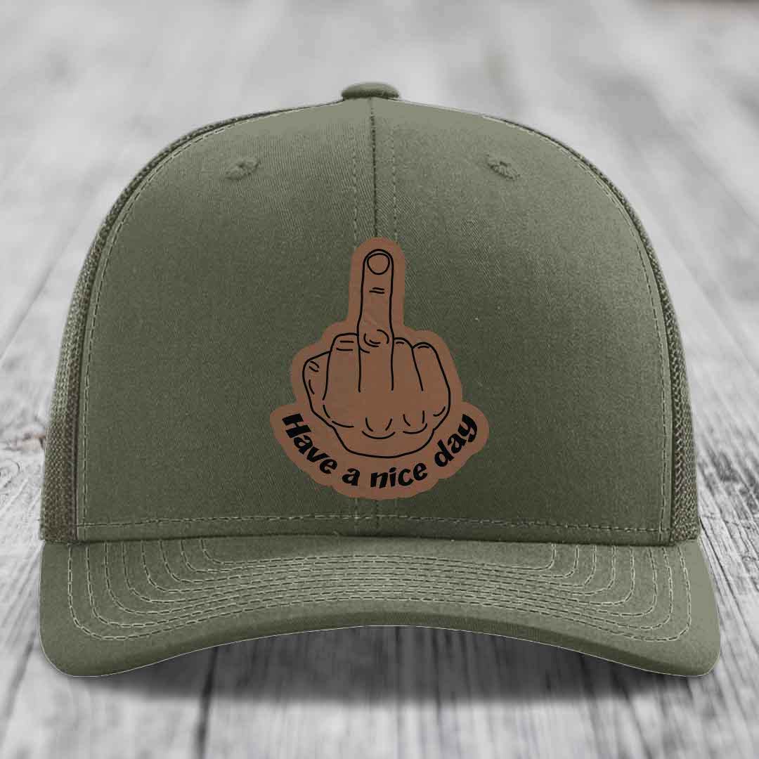 Middle Finger (Have A Nice Day) - Leather Patch Hat - Dark Brown to Black Patch - Richardson 112 Snapback Trucker Hat