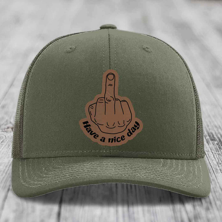Middle Finger (Have A Nice Day) - Leather Patch Hat - Dark Brown to Black Patch - Richardson 112 Snapback Trucker Hat
