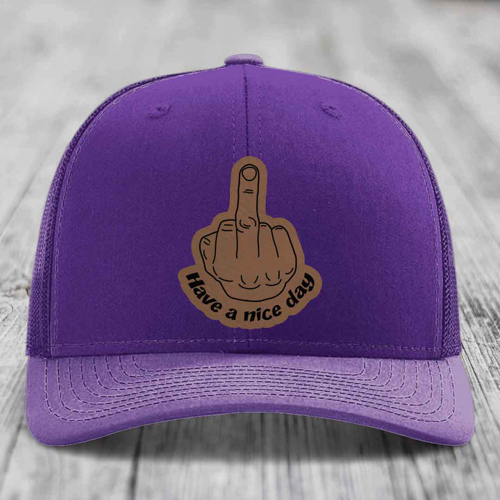 Middle Finger (Have A Nice Day) - Leather Patch Hat - Dark Brown to Black Patch - Richardson 112 Snapback Trucker Hat