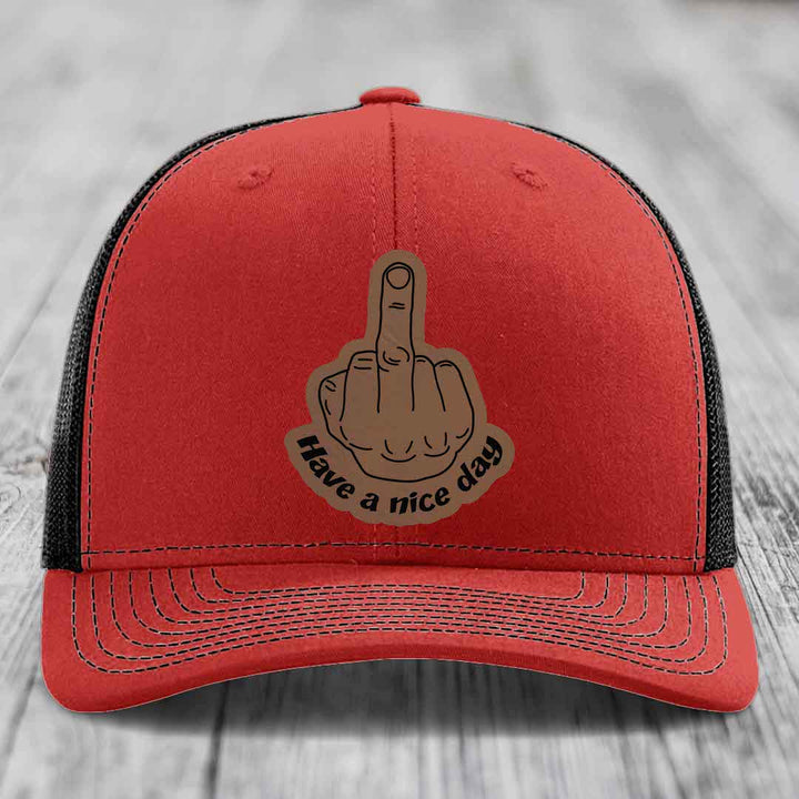 Middle Finger (Have A Nice Day) - Leather Patch Hat - Dark Brown to Black Patch - Richardson 112 Snapback Trucker Hat