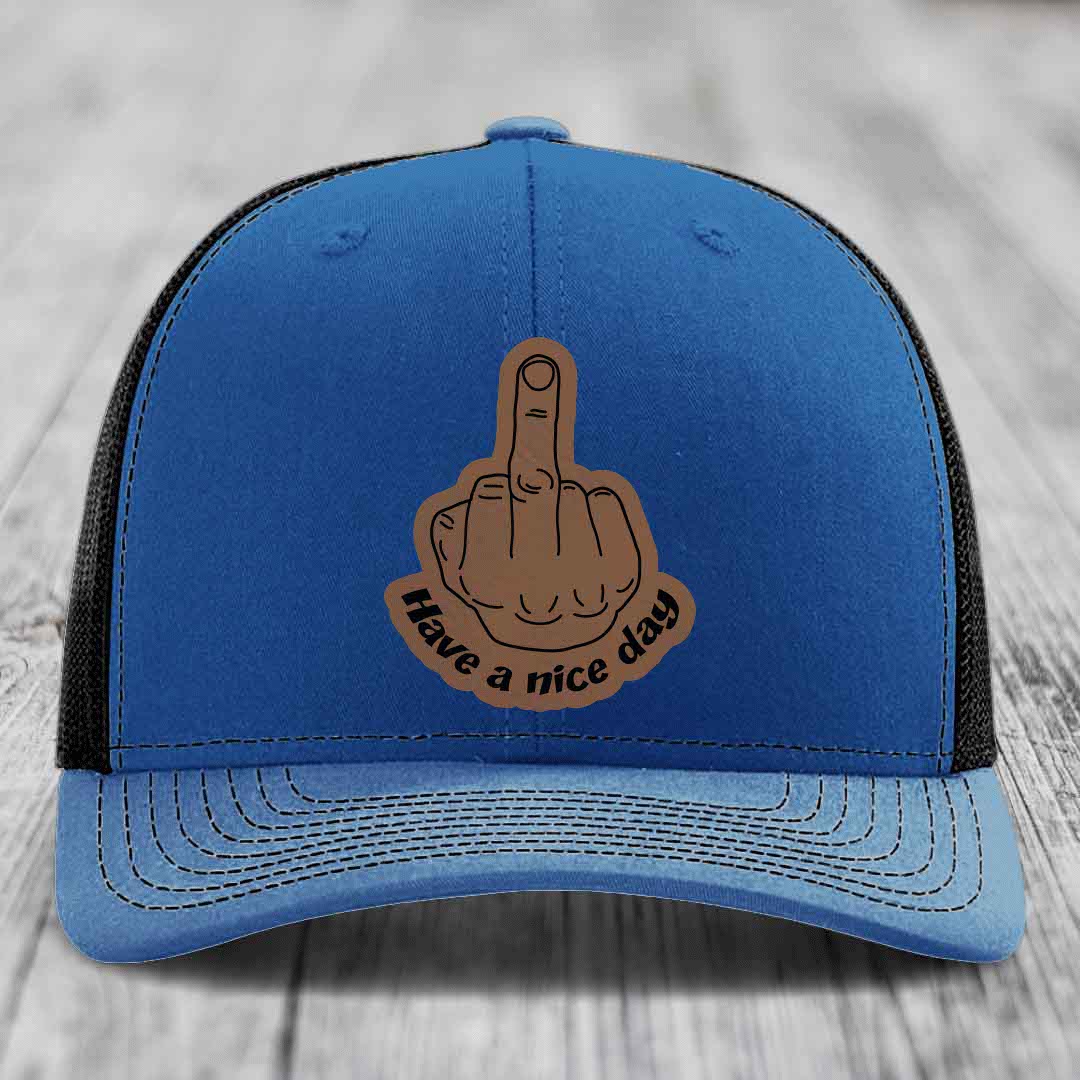 Middle Finger (Have A Nice Day) - Leather Patch Hat - Dark Brown to Black Patch - Richardson 112 Snapback Trucker Hat