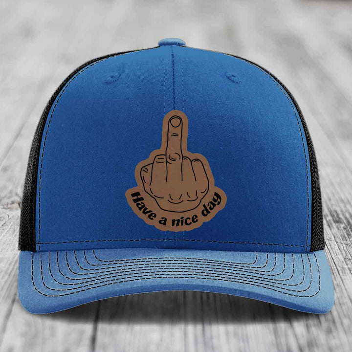 Middle Finger (Have A Nice Day) - Leather Patch Hat - Dark Brown to Black Patch - Richardson 112 Snapback Trucker Hat