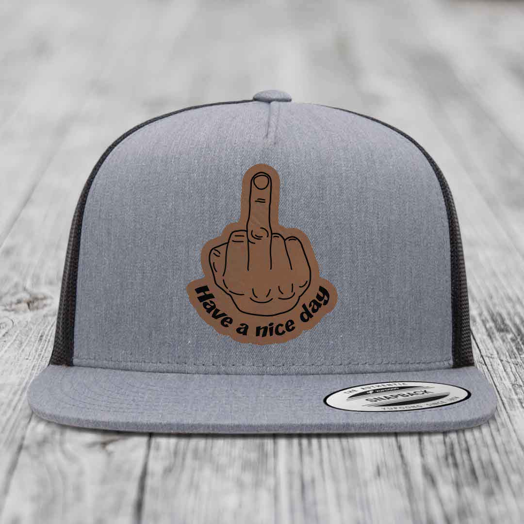 Grey trucker hat with brown middle finger patch that says &