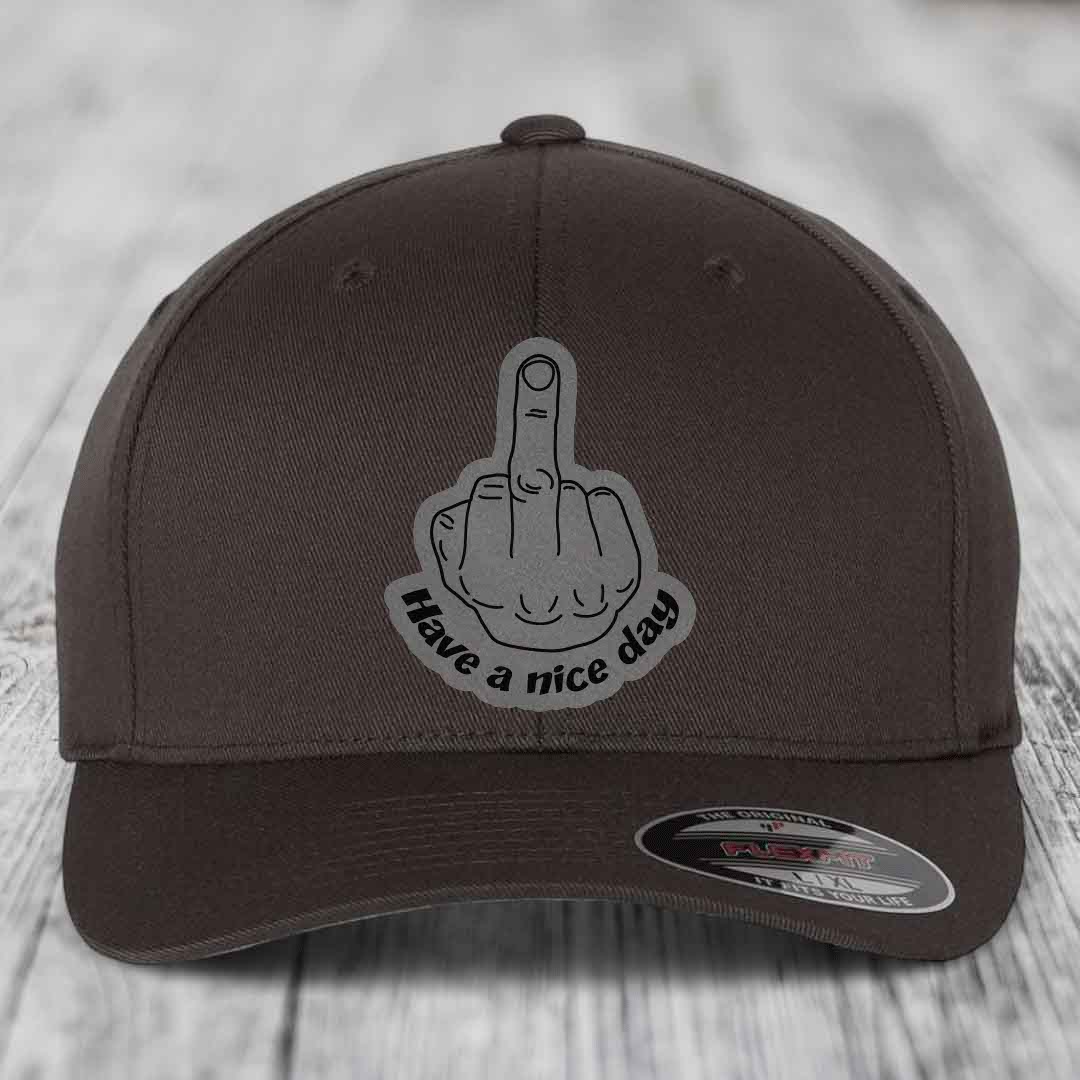Middle Finger (Have A Nice Day) - Leather Patch Hat - Grey to Black Patch - Flexfit 6277 Fitted Hat