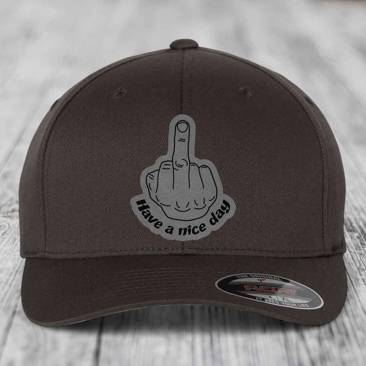 Middle Finger (Have A Nice Day) - Leather Patch Hat - Grey to Black Patch - Flexfit 6277 Fitted Hat