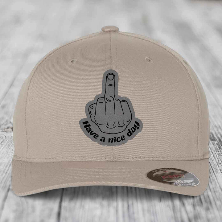 Middle Finger (Have A Nice Day) - Leather Patch Hat - Grey to Black Patch - Flexfit 6277 Fitted Hat