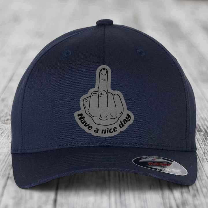 Middle Finger (Have A Nice Day) - Leather Patch Hat - Grey to Black Patch - Flexfit 6277 Fitted Hat