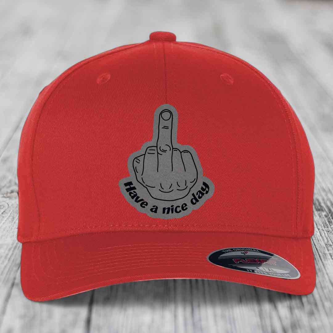 Middle Finger (Have A Nice Day) - Leather Patch Hat - Grey to Black Patch - Flexfit 6277 Fitted Hat