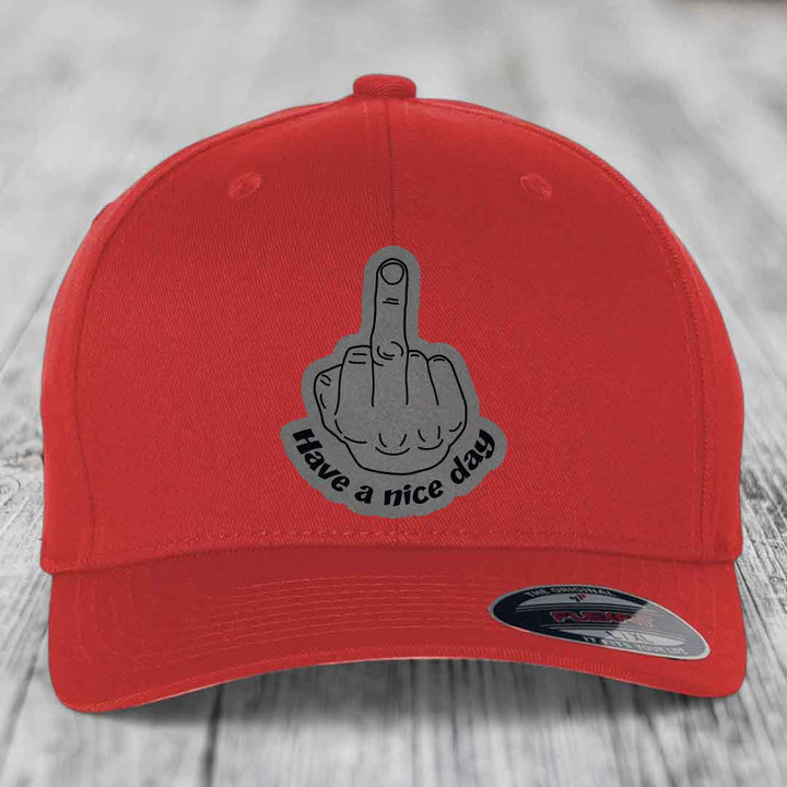Middle Finger (Have A Nice Day) - Leather Patch Hat - Grey to Black Patch - Flexfit 6277 Fitted Hat
