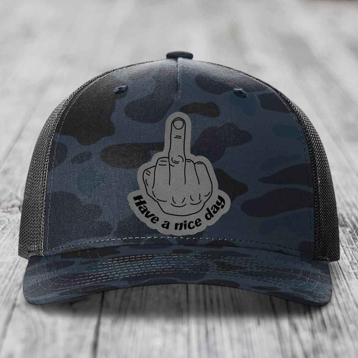 Middle Finger (Have A Nice Day) - Leather Patch Hat - Grey to Black Patch - Richardson 112PFP Snapback Trucker Hat