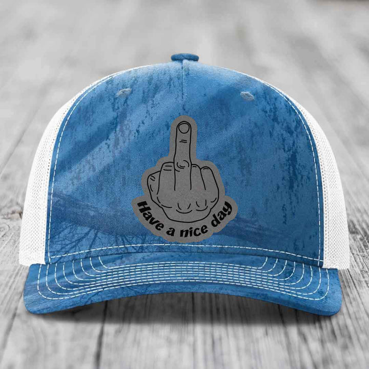 Middle Finger (Have A Nice Day) - Leather Patch Hat - Grey to Black Patch - Richardson 112PFP Snapback Trucker Hat