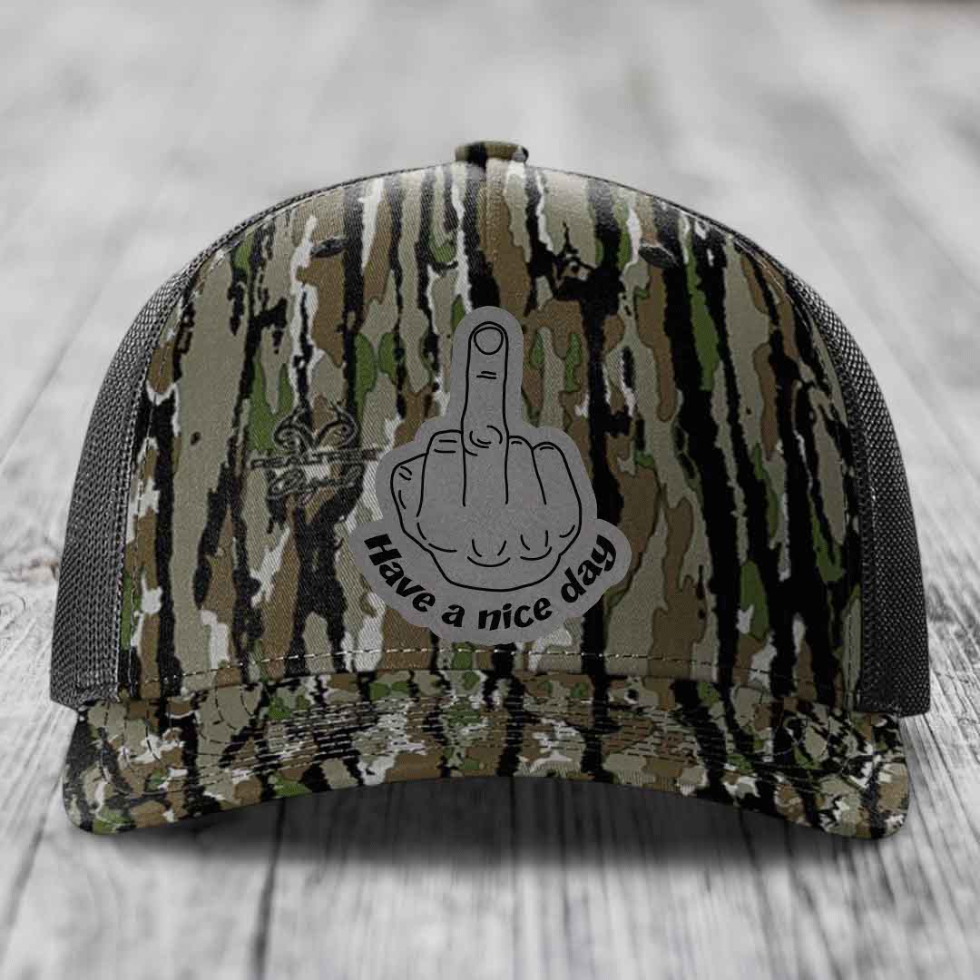 Middle Finger (Have A Nice Day) - Leather Patch Hat - Grey to Black Patch - Richardson 112PFP Snapback Trucker Hat
