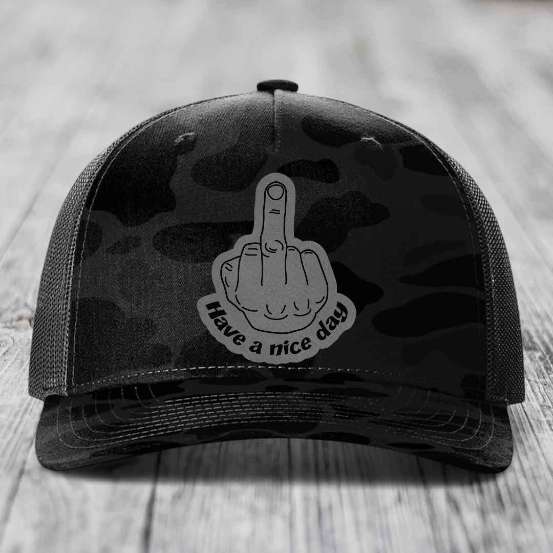 Middle Finger (Have A Nice Day) - Leather Patch Hat - Grey to Black Patch - Richardson 112PFP Snapback Trucker Hat