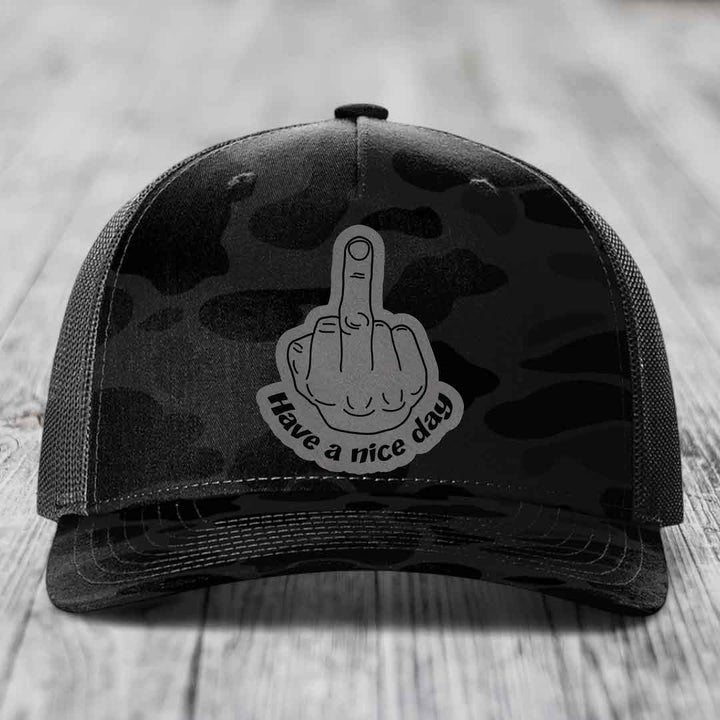 Middle Finger (Have A Nice Day) - Leather Patch Hat - Grey to Black Patch - Richardson 112PFP Snapback Trucker Hat