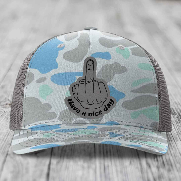 Middle Finger (Have A Nice Day) - Leather Patch Hat - Grey to Black Patch - Richardson 112PFP Snapback Trucker Hat
