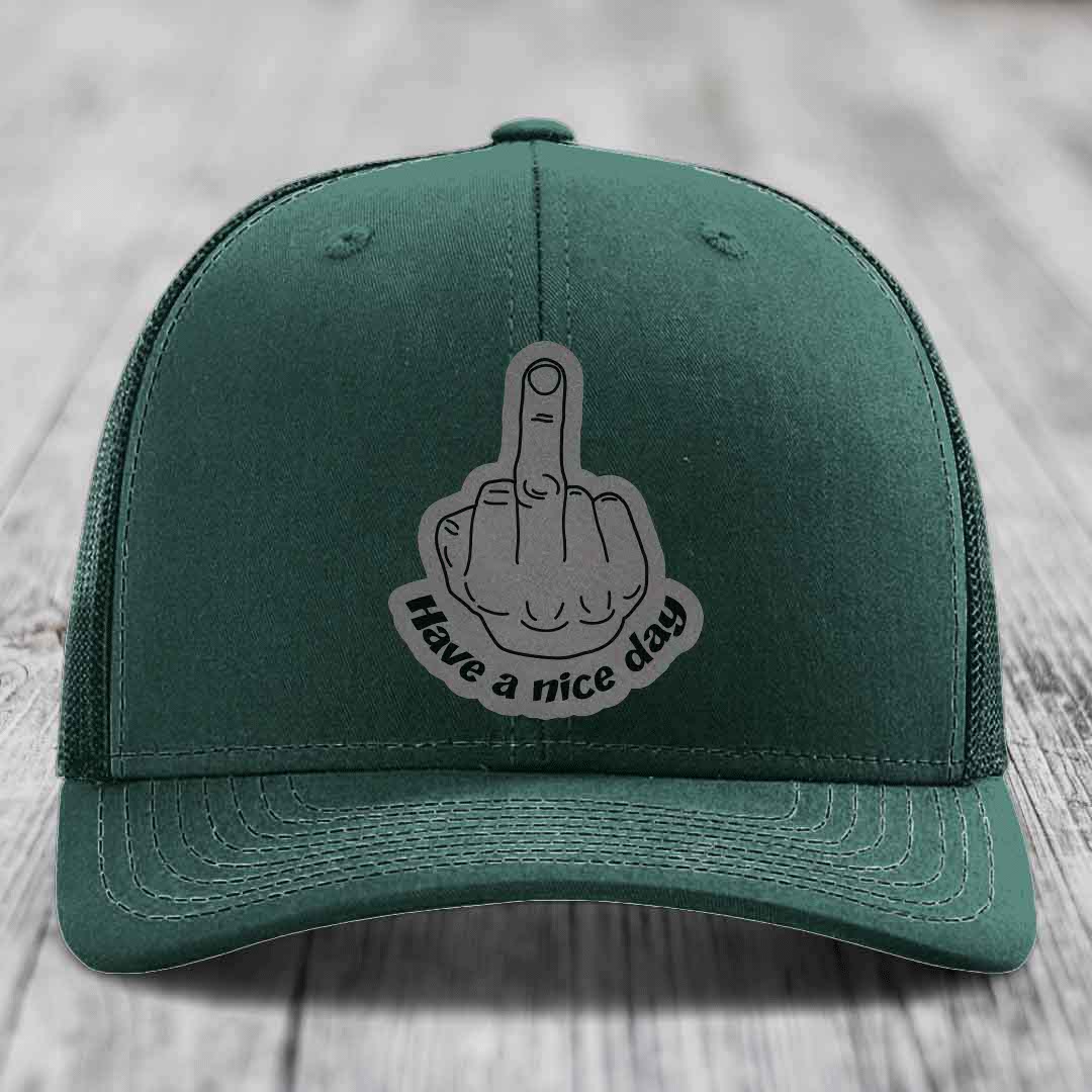 Middle Finger (Have A Nice Day) - Leather Patch Hat - Grey to Black Patch - Richardson 112 Snapback Trucker Hat