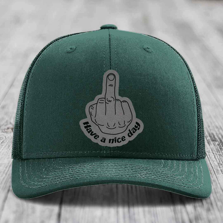 Middle Finger (Have A Nice Day) - Leather Patch Hat - Grey to Black Patch - Richardson 112 Snapback Trucker Hat