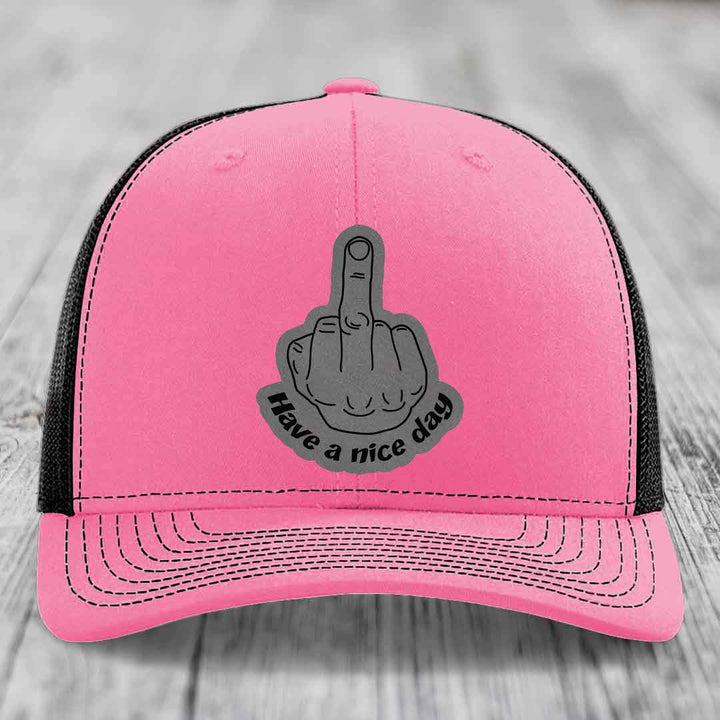 Middle Finger (Have A Nice Day) - Leather Patch Hat - Grey to Black Patch - Richardson 112 Snapback Trucker Hat