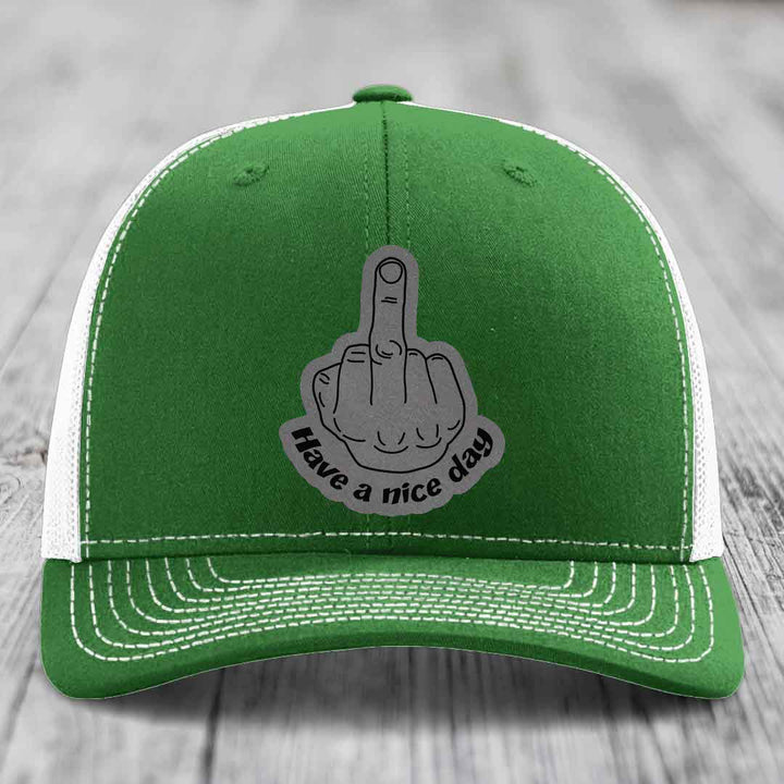 Middle Finger (Have A Nice Day) - Leather Patch Hat - Grey to Black Patch - Richardson 112 Snapback Trucker Hat