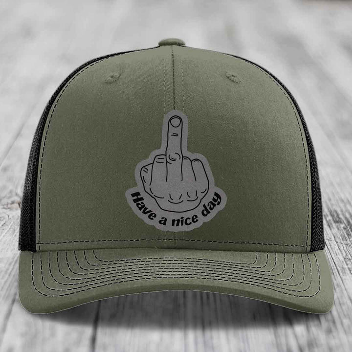 Middle Finger (Have A Nice Day) - Leather Patch Hat - Grey to Black Patch - Richardson 112 Snapback Trucker Hat