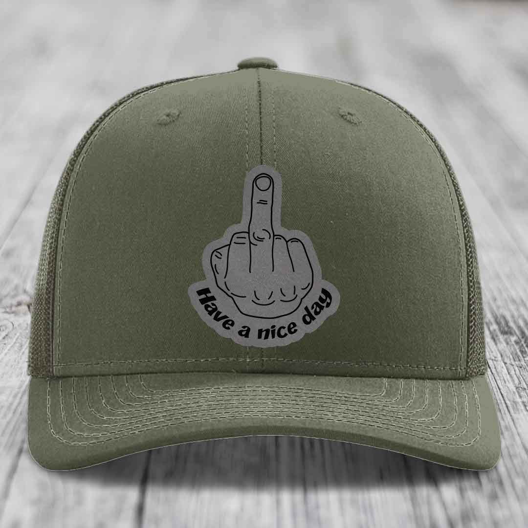 Middle Finger (Have A Nice Day) - Leather Patch Hat - Grey to Black Patch - Richardson 112 Snapback Trucker Hat