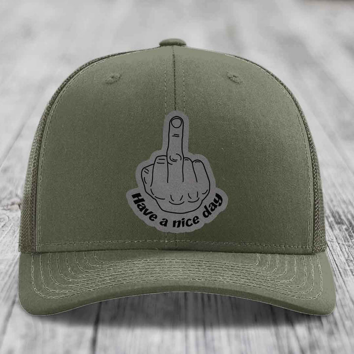 Middle Finger (Have A Nice Day) - Leather Patch Hat - Grey to Black Patch - Richardson 112 Snapback Trucker Hat