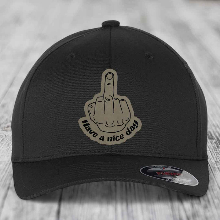 Middle Finger (Have A Nice Day) - Leather Patch Hat - Light Brown to Black Patch - Flexfit 6277 Fitted Hat