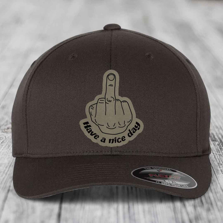 Middle Finger (Have A Nice Day) - Leather Patch Hat - Light Brown to Black Patch - Flexfit 6277 Fitted Hat