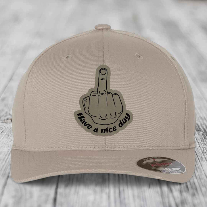 Middle Finger (Have A Nice Day) - Leather Patch Hat - Light Brown to Black Patch - Flexfit 6277 Fitted Hat