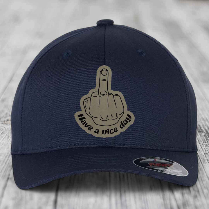Middle Finger (Have A Nice Day) - Leather Patch Hat - Light Brown to Black Patch - Flexfit 6277 Fitted Hat
