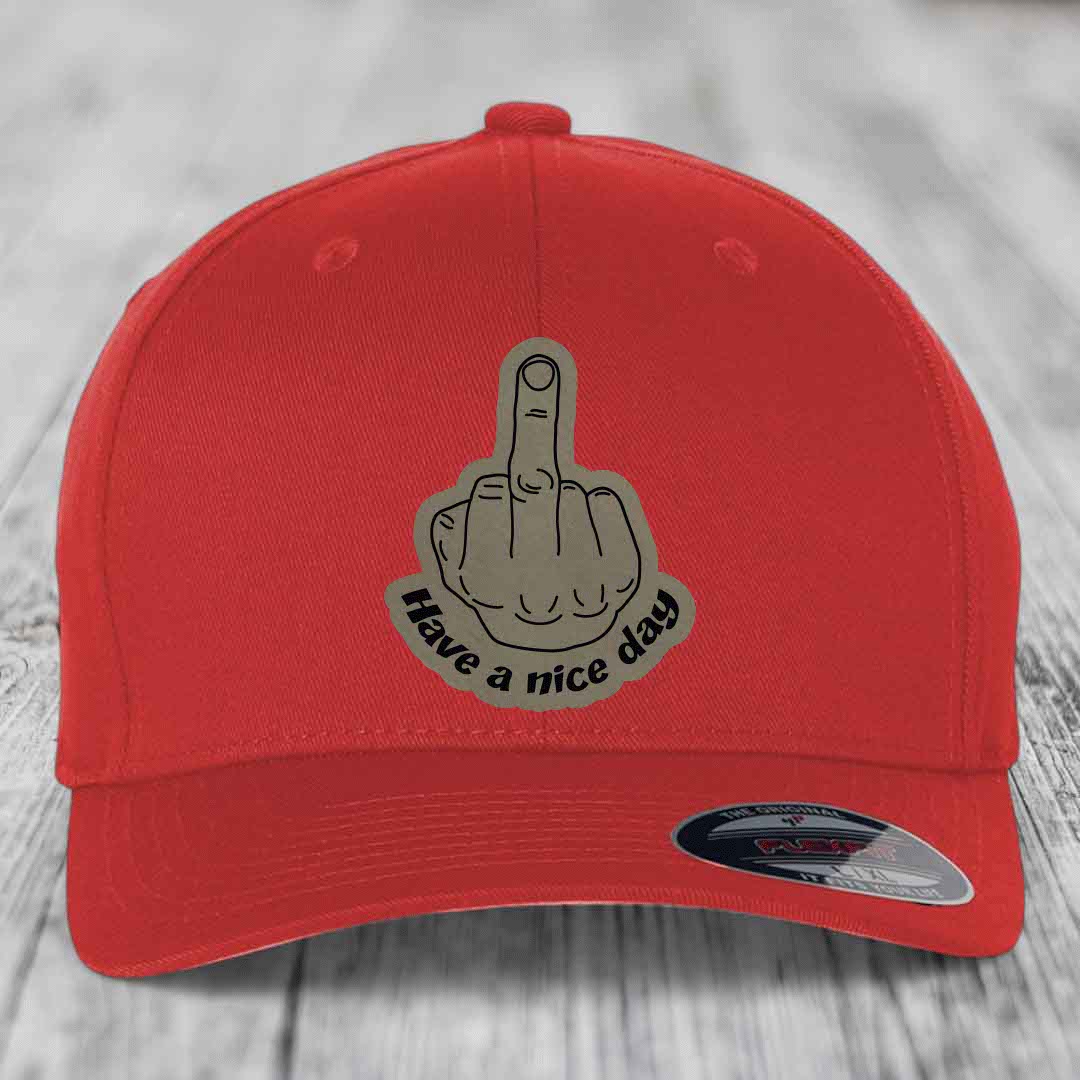 Middle Finger (Have A Nice Day) - Leather Patch Hat - Light Brown to Black Patch - Flexfit 6277 Fitted Hat