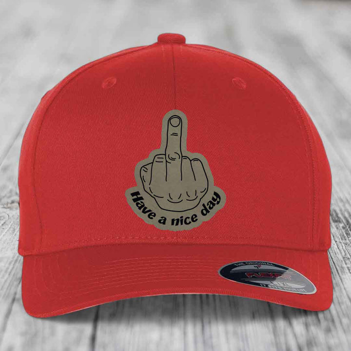 Middle Finger (Have A Nice Day) - Leather Patch Hat - Light Brown to Black Patch - Flexfit 6277 Fitted Hat