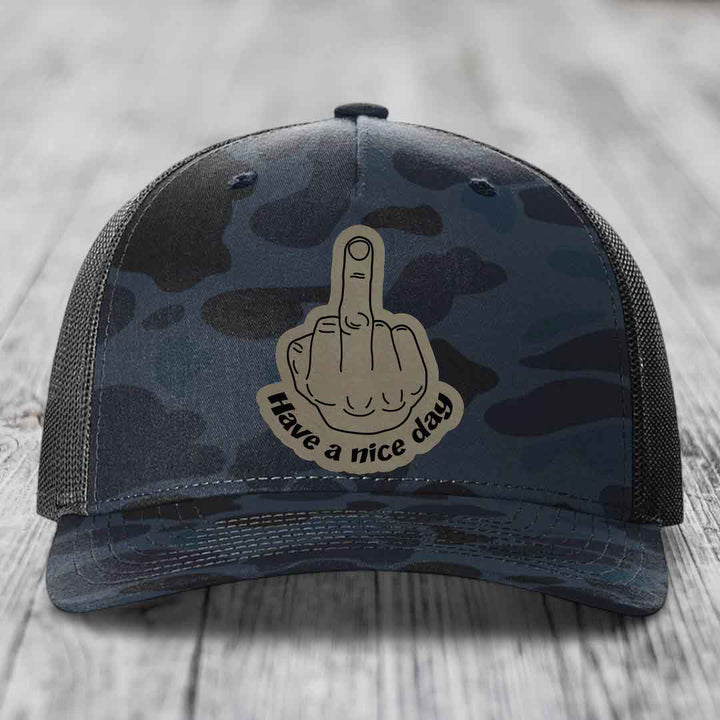 Middle Finger (Have A Nice Day) - Leather Patch Hat - Light Brown to Black Patch - Richardson 112PFP Snapback Trucker Hat