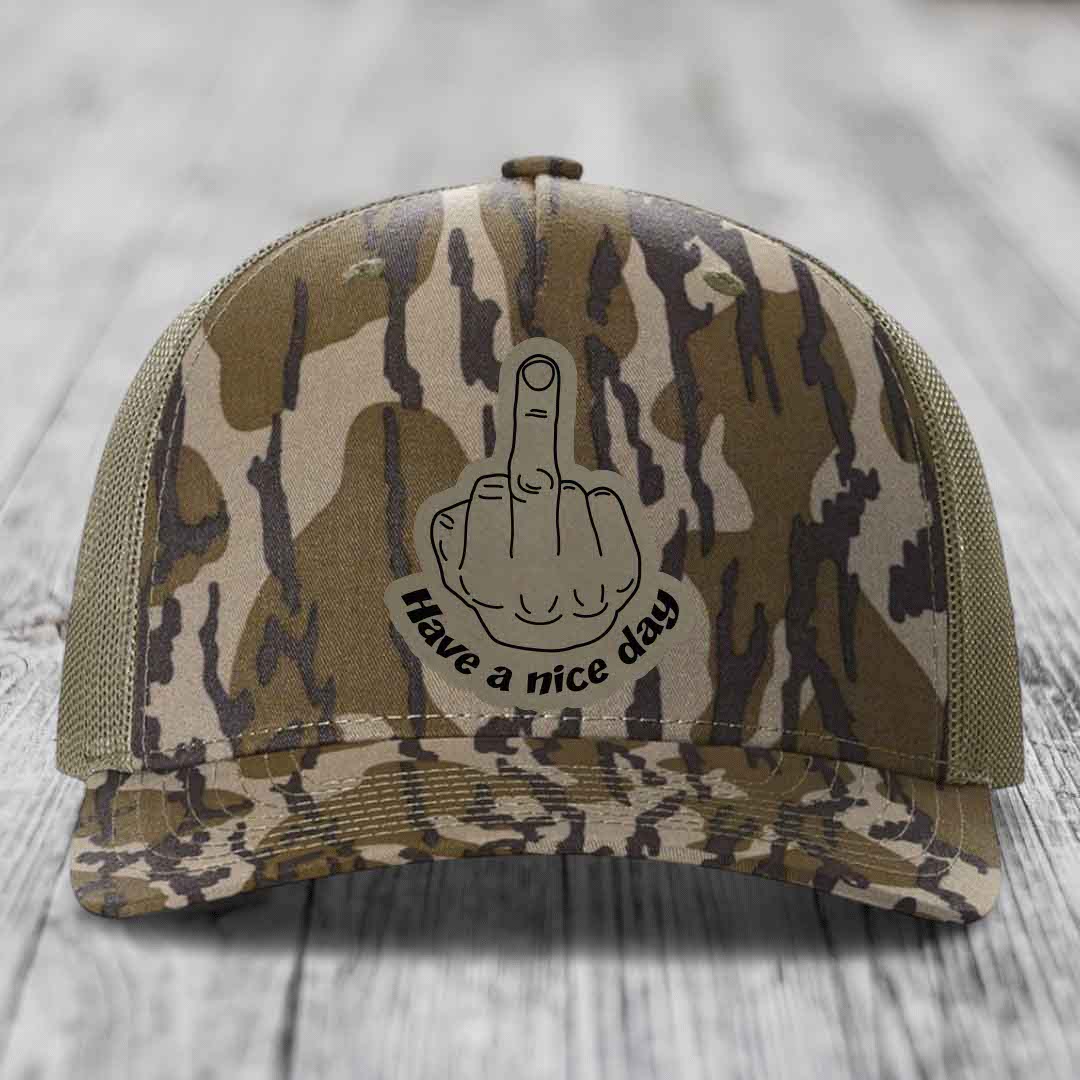Middle Finger (Have A Nice Day) - Leather Patch Hat - Light Brown to Black Patch - Richardson 112PFP Snapback Trucker Hat