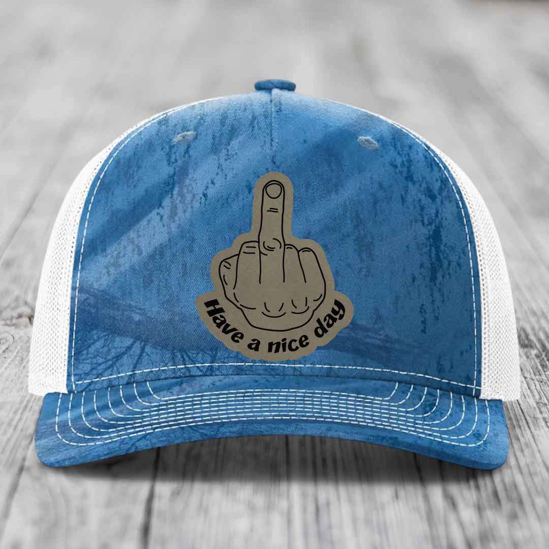 Middle Finger (Have A Nice Day) - Leather Patch Hat - Light Brown to Black Patch - Richardson 112PFP Snapback Trucker Hat