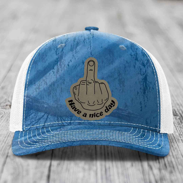 Middle Finger (Have A Nice Day) - Leather Patch Hat - Light Brown to Black Patch - Richardson 112PFP Snapback Trucker Hat