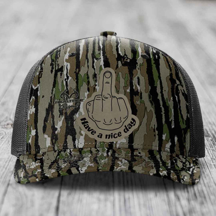 Middle Finger (Have A Nice Day) - Leather Patch Hat - Light Brown to Black Patch - Richardson 112PFP Snapback Trucker Hat