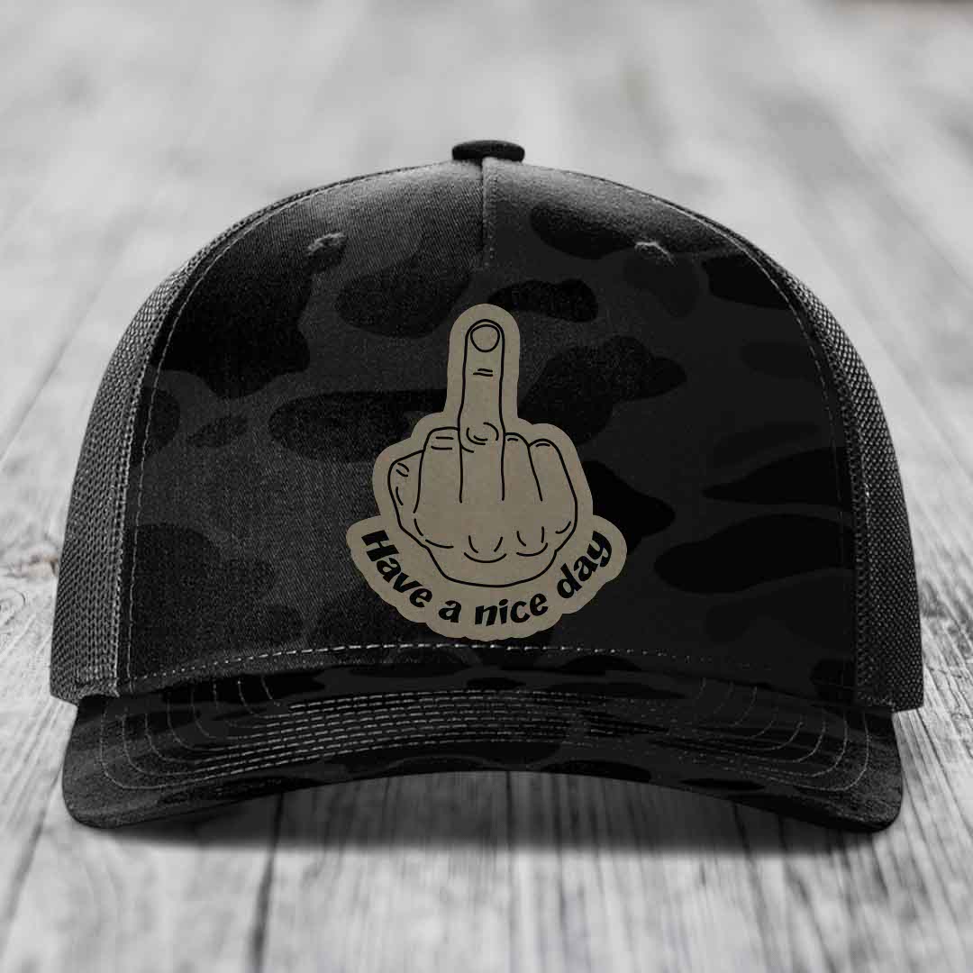 Middle Finger (Have A Nice Day) - Leather Patch Hat - Light Brown to Black Patch - Richardson 112PFP Snapback Trucker Hat