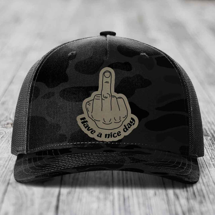 Middle Finger (Have A Nice Day) - Leather Patch Hat - Light Brown to Black Patch - Richardson 112PFP Snapback Trucker Hat