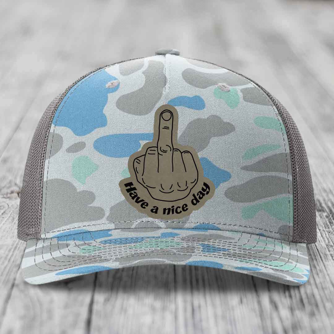 Middle Finger (Have A Nice Day) - Leather Patch Hat - Light Brown to Black Patch - Richardson 112PFP Snapback Trucker Hat