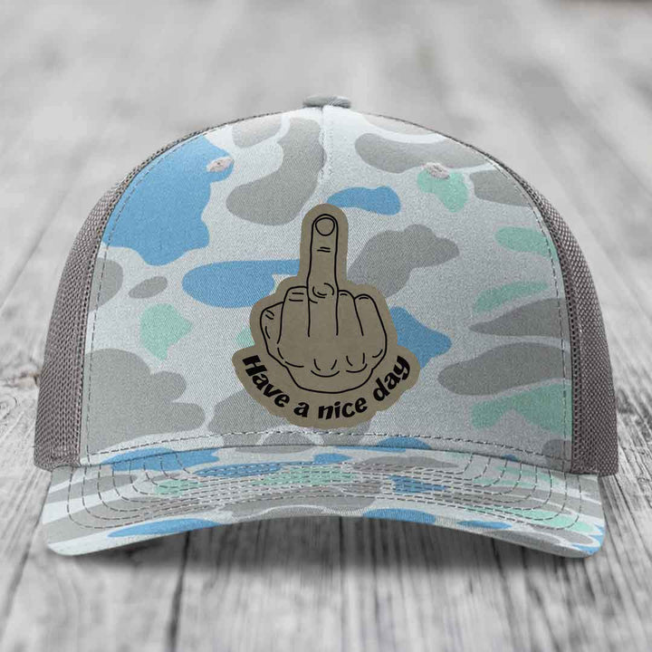 Middle Finger (Have A Nice Day) - Leather Patch Hat - Light Brown to Black Patch - Richardson 112PFP Snapback Trucker Hat