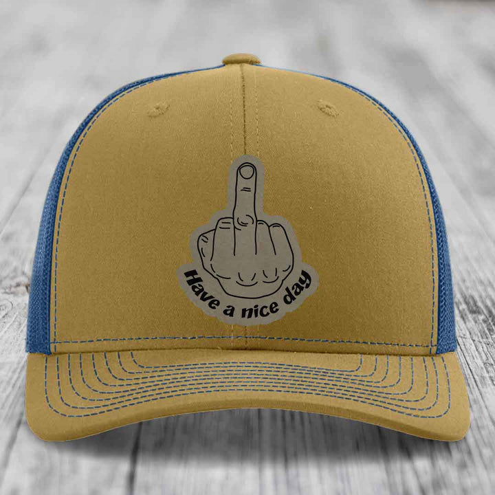 Middle Finger (Have A Nice Day) - Leather Patch Hat - Light Brown to Black Patch - Richardson 112 Snapback Trucker Hat