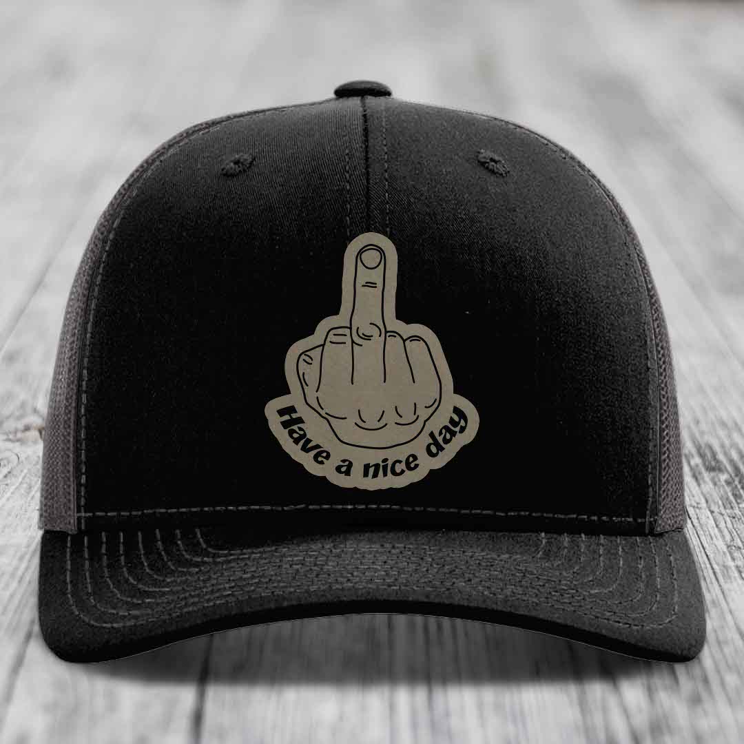 Middle Finger (Have A Nice Day) - Leather Patch Hat - Light Brown to Black Patch - Richardson 112 Snapback Trucker Hat