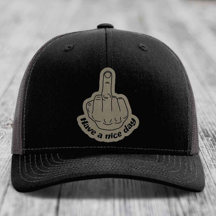Middle Finger (Have A Nice Day) - Leather Patch Hat - Light Brown to Black Patch - Richardson 112 Snapback Trucker Hat