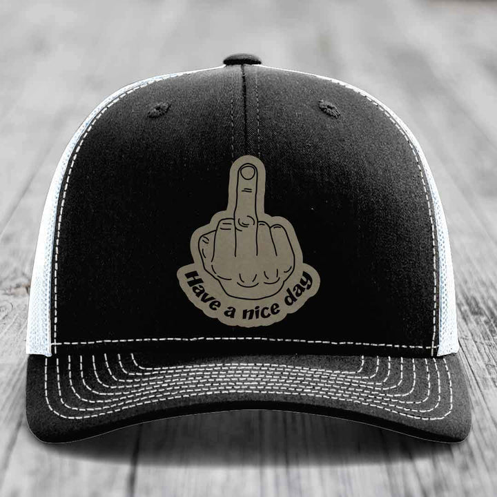 Middle Finger (Have A Nice Day) - Leather Patch Hat - Light Brown to Black Patch - Richardson 112 Snapback Trucker Hat