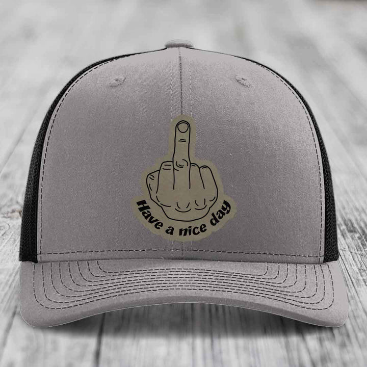 Middle Finger (Have A Nice Day) - Leather Patch Hat - Light Brown to Black Patch - Richardson 112 Snapback Trucker Hat