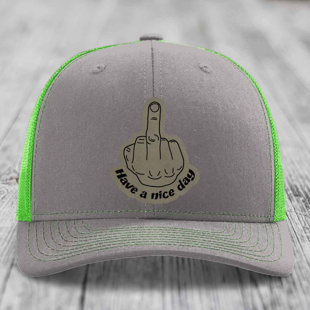 Middle Finger (Have A Nice Day) - Leather Patch Hat - Light Brown to Black Patch - Richardson 112 Snapback Trucker Hat