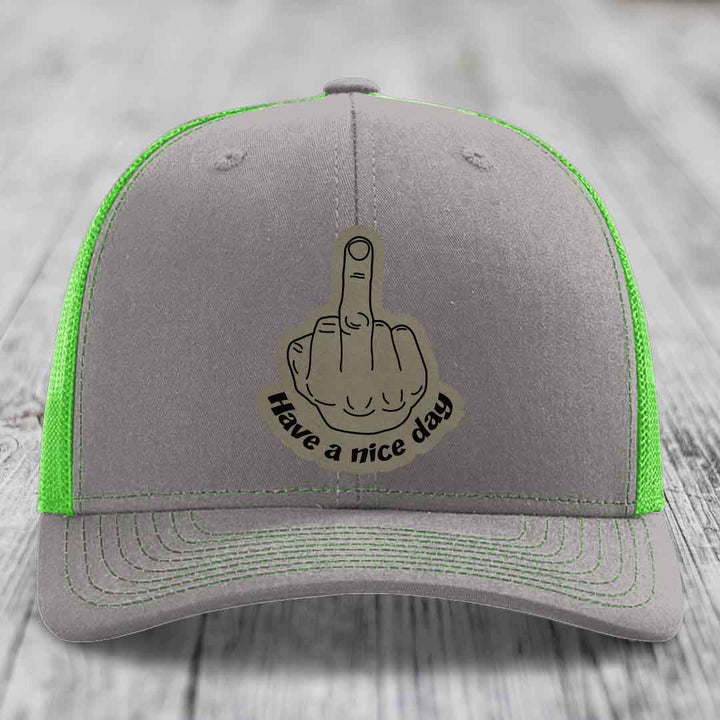Middle Finger (Have A Nice Day) - Leather Patch Hat - Light Brown to Black Patch - Richardson 112 Snapback Trucker Hat