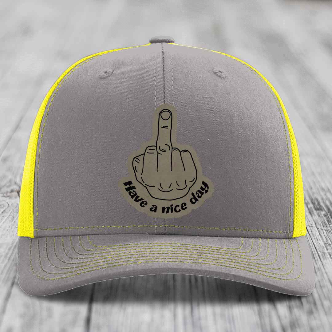 Middle Finger (Have A Nice Day) - Leather Patch Hat - Light Brown to Black Patch - Richardson 112 Snapback Trucker Hat